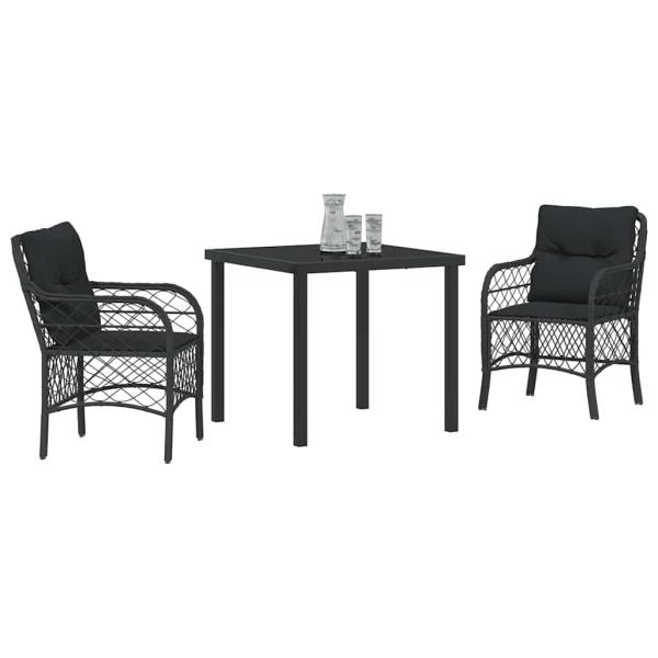 3-teiliges Garten-Ess-Set mit Kissen Schwarz Poly-Rattan