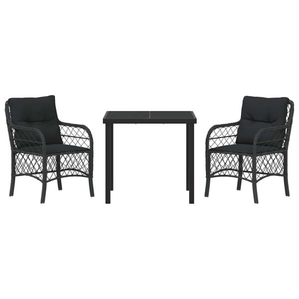 3-teiliges Garten-Ess-Set mit Kissen Schwarz Poly-Rattan