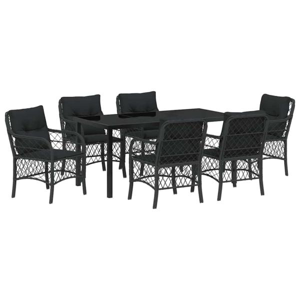 7-teiliges Garten-Ess-Set mit Kissen Schwarz Poly-Rattan