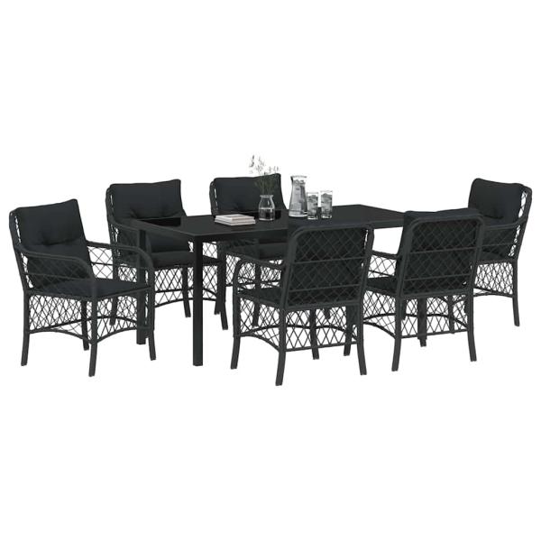 7-teiliges Garten-Ess-Set mit Kissen Schwarz Poly-Rattan