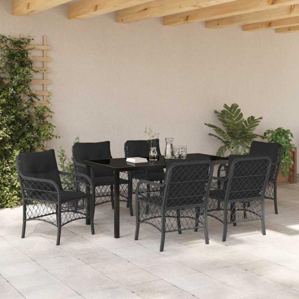 7-teiliges Garten-Ess-Set mit Kissen Schwarz Poly-Rattan