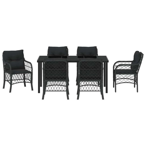 7-teiliges Garten-Ess-Set mit Kissen Schwarz Poly-Rattan