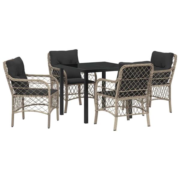 5-teiliges Garten-Ess-Set mit Kissen Hellgrau Poly-Rattan
