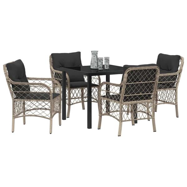5-teiliges Garten-Ess-Set mit Kissen Hellgrau Poly-Rattan