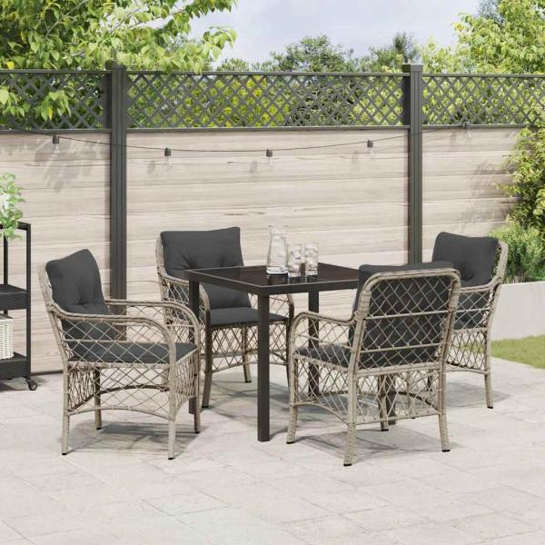 5-teiliges Garten-Ess-Set mit Kissen Hellgrau Poly-Rattan