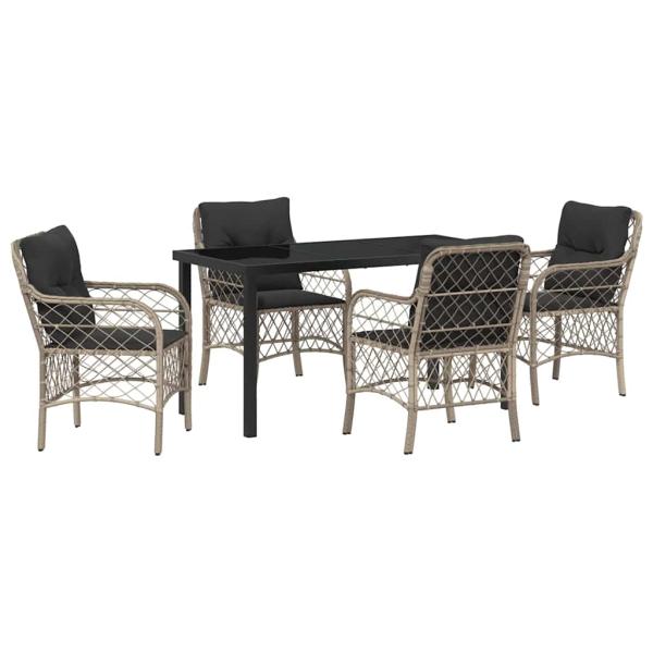 5-teiliges Garten-Esszimmer-Set mit Kissen Hellgrau Poly-Rattan