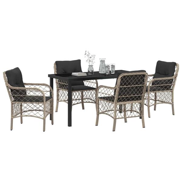 5-teiliges Garten-Esszimmer-Set mit Kissen Hellgrau Poly-Rattan