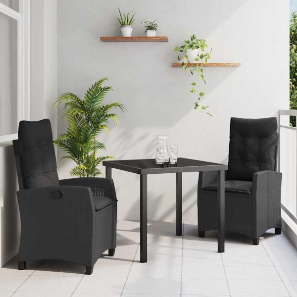 ARDEBO.de - 3-teiliges Garten-Dining-Set mit Kissen Schwarz Poly Rattan