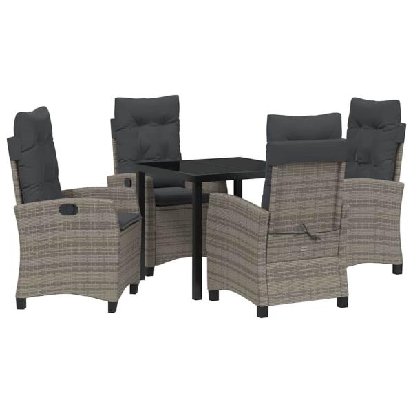 5-teiliges Garten-Ess-Set mit Kissen Grau Poly-Rattan