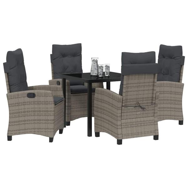 5-teiliges Garten-Ess-Set mit Kissen Grau Poly-Rattan