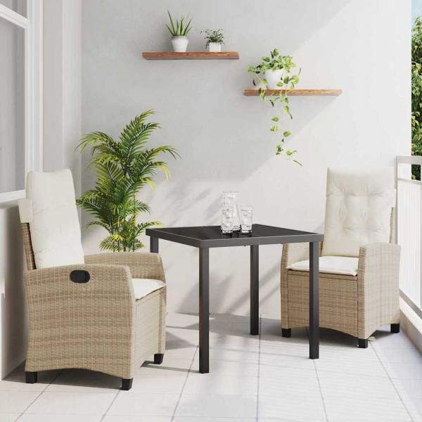 ARDEBO.de - 3-teiliges Garten-Ess-Set mit Kissen, beiger Poly-Rattan