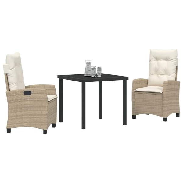 3-teiliges Garten-Ess-Set mit Kissen, beiger Poly-Rattan