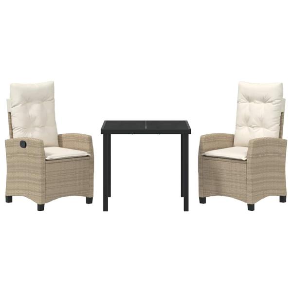 3-teiliges Garten-Ess-Set mit Kissen, beiger Poly-Rattan
