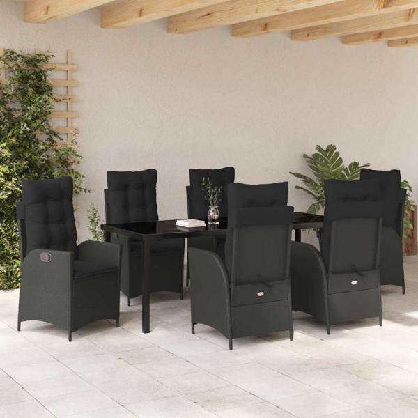 7-teiliges Garten-Dining-Set mit Kissen Schwarz Poly Rattan