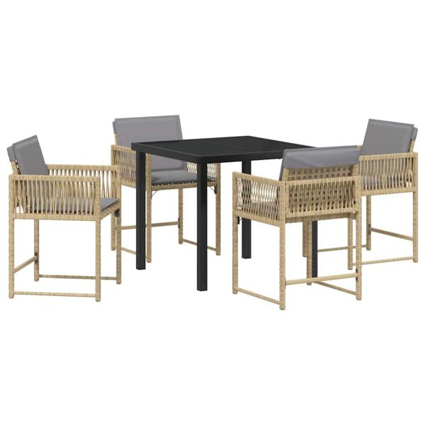 5-teiliges Garten-Ess-Set mit Kissen Beige Poly Rattan