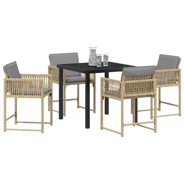 5-teiliges Garten-Ess-Set mit Kissen Beige Poly Rattan