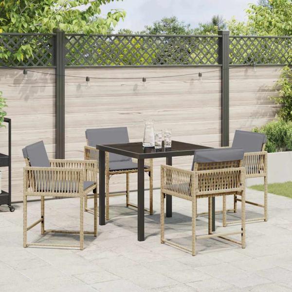 5-teiliges Garten-Ess-Set mit Kissen Beige Poly Rattan