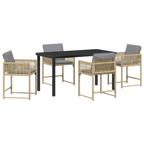 5-teiliges Garten-Ess-Set mit Kissen Beige Poly Rattan