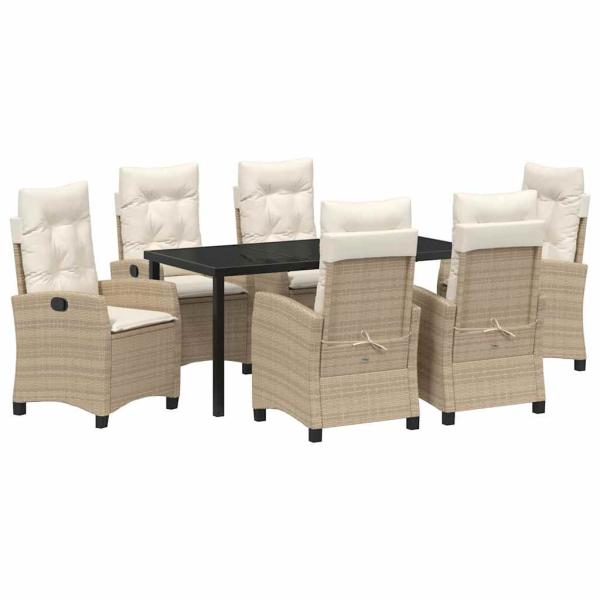 7-teiliges Garten-Esszimmer-Set mit Kissen Beiges Poly-Rattan