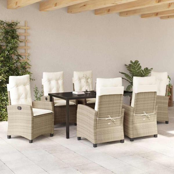 7-teiliges Garten-Esszimmer-Set mit Kissen Beiges Poly-Rattan