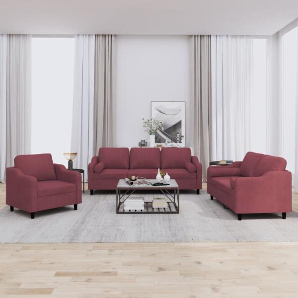 ARDEBO.de - 3-tlg. Sofagarnitur mit Kissen Weinrot Stoff