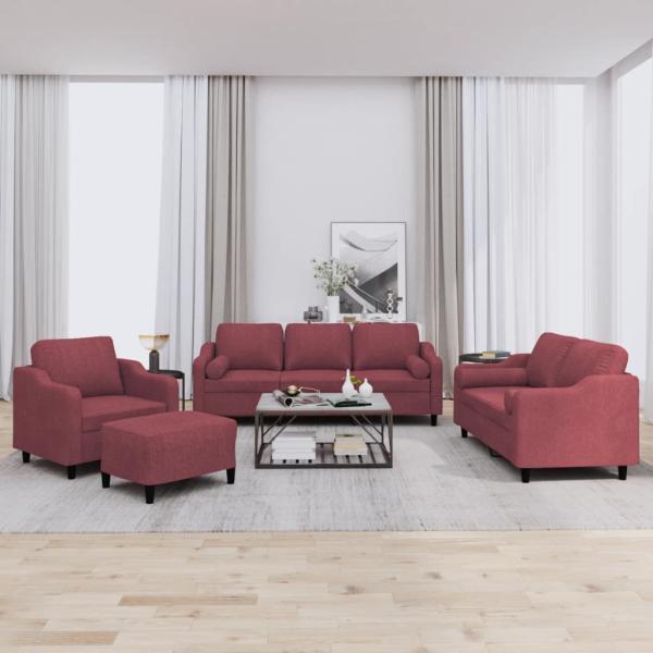 ARDEBO.de - 4-tlg. Sofagarnitur mit Kissen Weinrot Stoff
