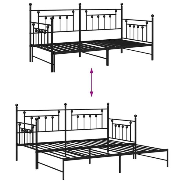 Tagesbettgestell mit Ausziehbett, schwarz, 100x190 cm, aus Stahl