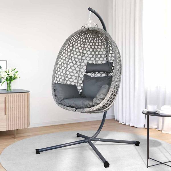 ARDEBO.de - Hängender Eierstuhl Korb mit Gestell Grau Poly Rattan