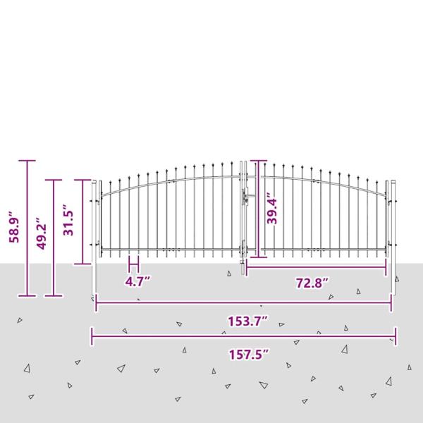 Gartentor mit Spear Top Doppelt schwenkbar Grau 100x400 cm Stahl