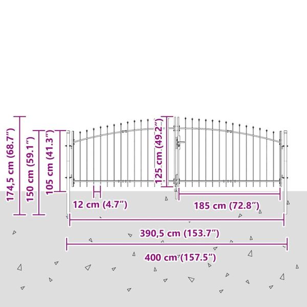 Gartentor mit Spear Top Doppelschwing Grau 125x400 cm Stahl