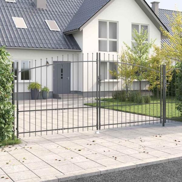 Gartentor mit Spear Top Doppelt schwenkbar Grau 175x400 cm Stahl