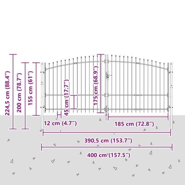 Gartentor mit Spear Top Doppelt schwenkbar Grau 175x400 cm Stahl