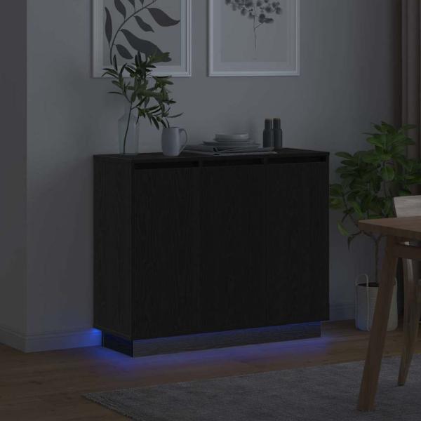 Sideboard mit LED in Schwarz und Eiche, 90x32x75 cm, aus Holzwerkstoff