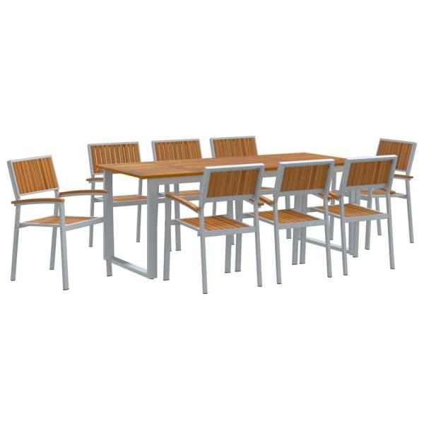 9-teiliges Garten-Dining-Set Grau Stahl und massivem Akazienholz