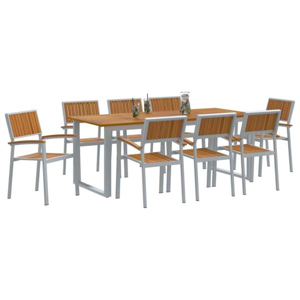 9-teiliges Garten-Dining-Set Grau Stahl und massivem Akazienholz