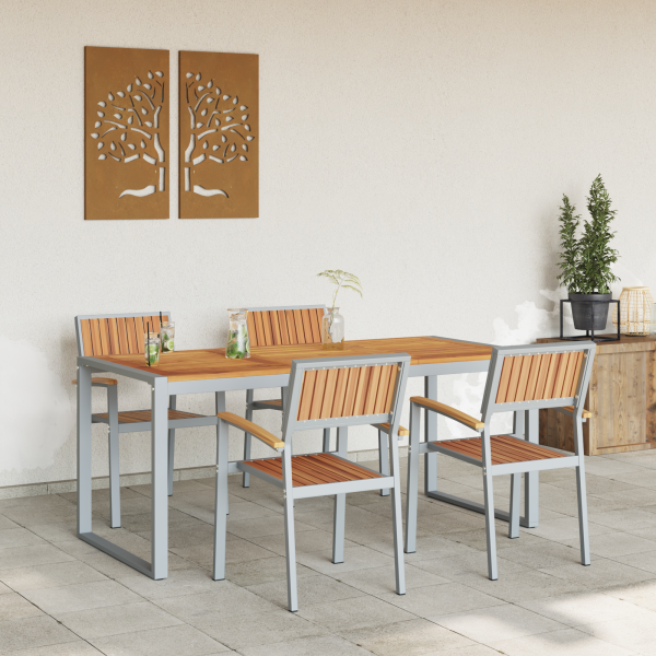 5-teiliges Garten-Esszimmer-Set aus massivem Akazienholz und Metall