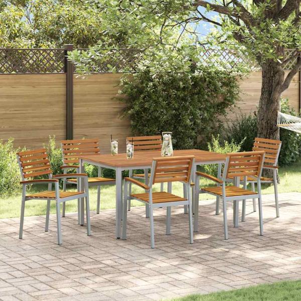 7-teiliges Garten Esszimmer Set aus massivem Akazienholz und Metall