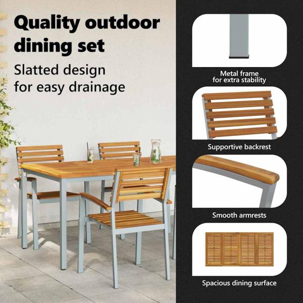 5-teiliges Garten-Essbereich-Set aus Massivholz Akazie und Metall