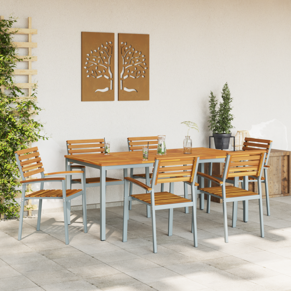 7-teiliges Gartentisch-Set aus massivem Akazienholz und Metall