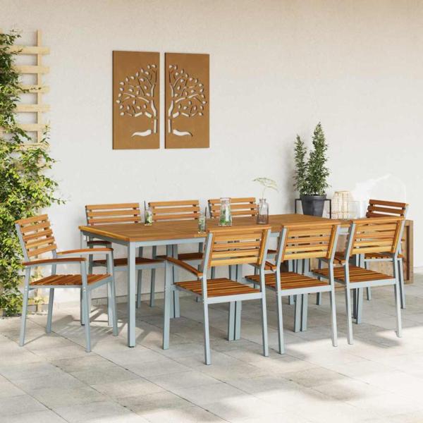 9-teiliges Garten-Essset aus massivem Akazienholz und Metall