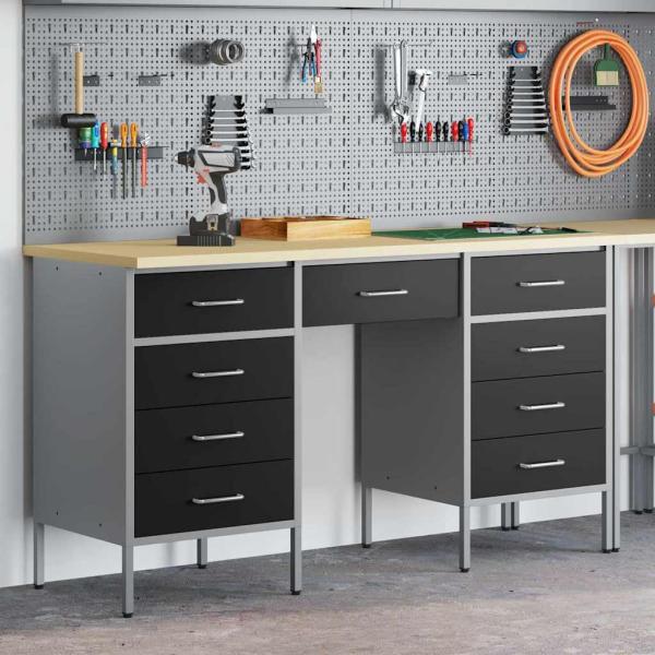 ARDEBO.de - 3-teiliger Arbeitsstellen- und Tisch-Satz Schwarz Ingenieurholz und Stahl
