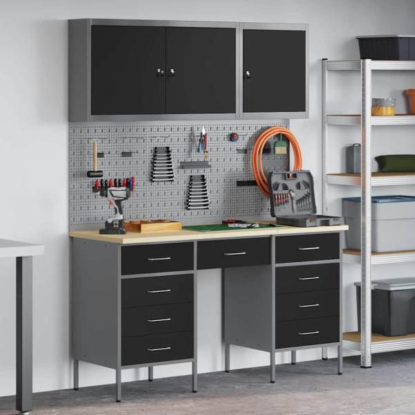 ARDEBO.de - 8-teiliges Werkstatt-Schrank- und Pegboard-Set in Schwarz aus MDF und Metall
