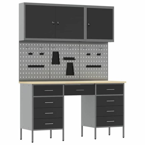 8-teiliges Werkstatt-Schrank- und Pegboard-Set in Schwarz aus MDF und Metall