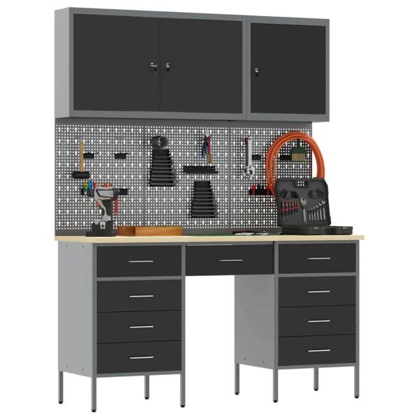 8-teiliges Werkstatt-Schrank- und Pegboard-Set in Schwarz aus MDF und Metall