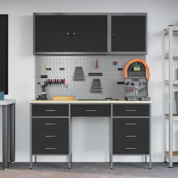 8-teiliges Werkstatt-Schrank- und Pegboard-Set in Schwarz aus MDF und Metall