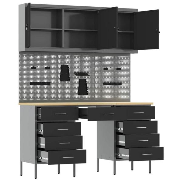 8-teiliges Werkstatt-Schrank- und Pegboard-Set in Schwarz aus MDF und Metall