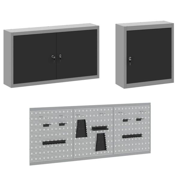 8-teiliges Werkstatt-Schrank- und Pegboard-Set in Schwarz aus MDF und Metall