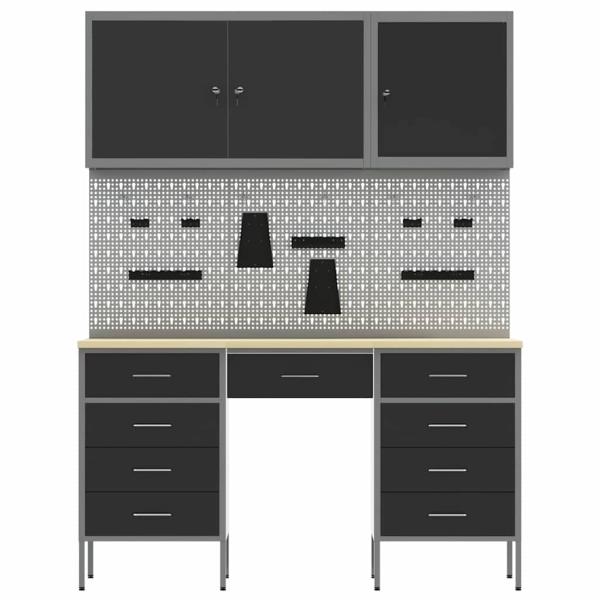 8-teiliges Werkstatt-Schrank- und Pegboard-Set in Schwarz aus MDF und Metall