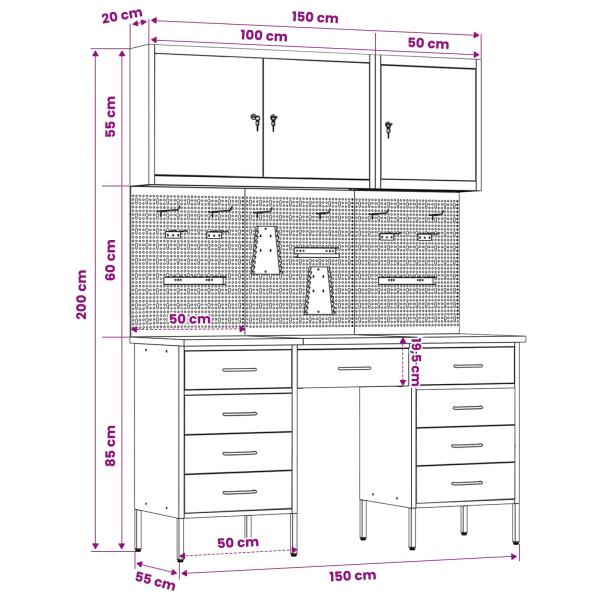 8-tlg. Werkstattschrank-Set mit Stecktafel Rot MDF und Metall