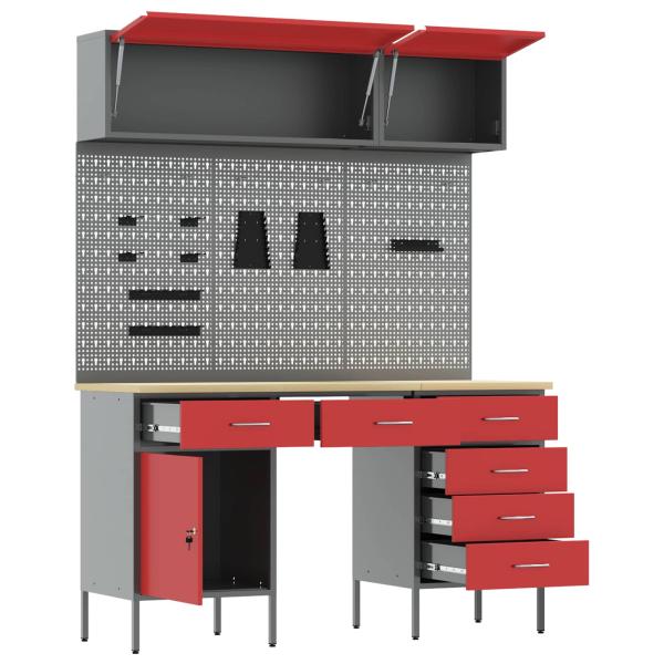 7-tlg. Werkstattschrank-Set mit Stecktafel Rot MDF und Metall